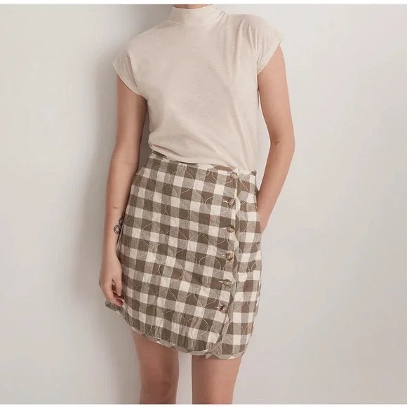NWOT Madewell Quilted Flannel Mini Skirt in Gingham Check - Size 0 -Ivory & Tan - Picture 5 of 5